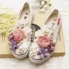 Casual Shoes Women Sneakers Flowers Pearls Canvas Crystal Flower Cloth Custom Oversized 3cm Platform Flats