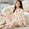 Frauen Nachtwäsche Frauen Baumwollpyjamas Frühling Herbst Frauen Langer Schlaf Süßes Lose Set Casual Revers großer Strickjacke Haus tragen Anzug