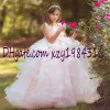 Klänningar Fashion Fluffy Girls Pageant Dress med handgjorda blommor ärmlös juvelhalsnackapplikationer Tullle Flower Girl Dresses Girls Birt