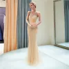 Abiti Scoop Mermaid Gold Tulle Prom Abiti senza maniche Illusioni Abito da festa Formale Formale Vestitido De Festa