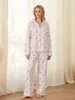 家庭用服の女性2ピースパジャマセットチェリープリントボタンシャツとラウンジウェアの柔らかい睡眠のナイトウェア用の弾力性パンツ