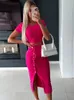 Sexy oneck kort gebreide crop -tops en midi rok tweedelige set 2023 herfstknop bodycon potloodjurk 2 240321