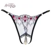 Pearl Pendant Open Thongs Women Underwear Crotchless Embroidery G String Tanga Briefs Lace Transparent Sexy Lingerie 240320