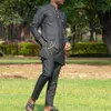 Summer Dashiki African Clothing Mens Casual Black Embroidered Pocket Suit Långärmad skjorta Byxor Män