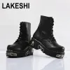 Boots Black Punk Style Platform Men's Ankle Boots Lace Up Zipper Autumn Winter Motorcycle Boots For Man Goth Chunky Shoes Metal Decor