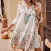 Abiti casual Summer's Summer V-Neck Splice Splice Versatile Stampato Etnico Stampato Etnico 3/4 MIDI MIDI Robe Sexy Femme Vestido