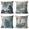 Oreiller chinois encre pittoresque couverture décor de paysage vert paysage imprimé taie d'oreiller en polyester pour canapé carré car carré 45x45