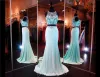 Dresses Aqua Crop Top Prom Dress Two Piece High Beaded Neckline Beading Mermaid Evening Dress Illusion Back Chiffon Pageant Dress