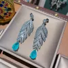 Ohrringe 2022 Klassische Frauen Federform Paraiba Stones Ohrringe Silber Farbe Vintage Quasten Langer Ohrring Party Schmuckgeschenke