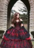 Vestidos vintage negro y rojo vestidos de boda góticos apliques fuera del hombro cristales volantes Vestido de bola de boda hecha a medida Vestido