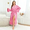 Huiskleding slaapjurk roze gewaad lange mouwen met ruches nachthemd flanel kimono badjas jurk losse kleding winter nachtkleding