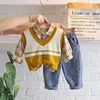 Ensembles de vêtements Spring Fall Boys 3 Pieds Ensemble V Cou couché Couchée Tops Plaid Shirts Elastic Wair Harem Jeans tenue Casual Children Ensemble