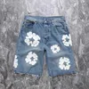 Trendy Hip-hop High Street American Denim Shorts Loose Fitting Worn-out Washed White Embroidered