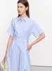 Sukienki imprezowe amii Minimalizm Sukienka damska z paskiem luźne paski 2024 Summer Cotton Office Lady Polo Neck Kobiet vestidos 12352047