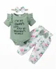 Kledingsets geboren Baby Girl 3pcs Deset mama's kleine korte mouw Romper Flowers Pant Headband Summer Outfit voor 0-18 maanden