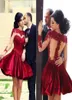 2016 Short Burgundy Formal Homecoming Dresses Lace Applique Crew Neck Tulle Long Sleeves Satin ALine Knee Length Cocktail Party G7378681