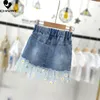 Zomer kinderen meisjes mode rokken gaas patchwork daisy knop denim rok met zakken meisjes kinderen casual kleding 240329