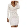 Elegante feestschede witte dres lente sexy slanke lange mouw geborduurde jurk mode dames kantoor avondgewaad 240401