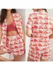 Heimkleidung Frauen Freizeit Pyjama Set Bird Tree Print kurzärmeles Revers -Knopf -Hemd mit Shorts Nachtwäsche weibliche PJS Loungewear