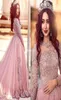 2021 Robe de bal de luxe à manches longues robes de soirée Princess Muslim Robes de bal avec des paillettes de terrain perlé trains rouges Rielle DR8643373