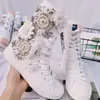 Casual Shoes White Canvas Water Diamond Beaded Pearls Flowers Fairy Personalized Versatile Tassel Strap High Top Women Sneakers