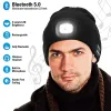 Headphone/Headset Bluetooth Hat with Light, Unisex Usb 4 Led Headlamp Cap with Headphones, Builtin Speakers & Mic Knitted Night Lighted Music Hat