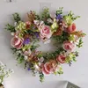 Decorative Flowers Rattan Material Garland Valentine's Day Heart Wreath With Simulation Rose Flower For Wedding Decor Wall Happy