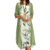 Casual Dresses 1 Set Office Lady Cardigan Dress Bamboo Leaves Large Hem Summer Vintage Elegant For Party Women's Clothing