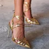 Dress Shoes Sexy Gold Metallic Leather Cross Strappy Pointed Toe Ankle Strap Thin Heels Hollow Celebrating Pumps