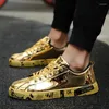 Casual Shoes Men Fashiona Patent Leather Sneakers Tops Gold Silver Hip Hop Boots Glossy Lighted Brand Designer Flats Size 46