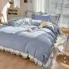 寝具セットミスディアウォッシュコットンセットroupa de cama laceフリルベッドシートは、女の子と青いベッドクロス用の枕カバー付きベッドシート