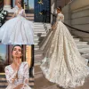 Dresses Luxury Long Sleeve Wedding Dresses Plunging Neckline Lace Applique Crystal Design 2019 Bridal Gowns Court Train Modest Wedding Dre