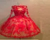 VINTAGE 1950039S estilo vestido de bola de renda vermelha vestido de noite curta mangas compridas pura