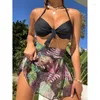 Kvinnors badkläder 2024 Kvinnor Flower Print Bikini Set Swimsuit Kvinna 3 -stycken Monokini Summer Bathing Suit Beach Wear