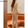 Frauen zweisteuelhafte Hosen Blazer und Hosen weibliche Langhülle Formal 2 Set Pant Anzug Schwarz Khaki Blue Slim Frauengeschäftsarbeit Abnutzung