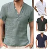 Zomer korte mouwen linnen shirts heren casual heup pop t-shirt met stand-up kraag soild korte mouwen shirt buiness shirts top 240402