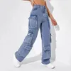Дизайнерские джинсы Женщины грузовые джинсы брюки Женские джинсы грузовые брюки с высоким содержанием на молнии полиэфирной джинсовая джинсовая ткань.