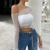 Women's T Shirts Fashion 2024 Summer Casual Diagonal Shoulder Long Sleeve Mesh Perspective Navel Top Sexy Nightclub Dress Chiffon Shirt