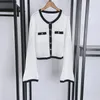 Work Dresses Women White Knit Cardigan Sweater Or Mini Skirt Set Hollow Out Contrast Color Long Flared Sleeve Short Coat A-line