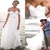 Romantiska chiffonstrandbröllopsklänningar veckade från axeln 2016 sommarlånga brudklänningar Bohemiska boho bröllopsklänningar med B6234102