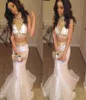 2020 Sexy Black Girl Two Pieces Prom Dresses Mermaid White Gold Beaded Rhinestones Prom Dress Long Party Dress6546659