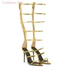 Dress Shoes 2024 Summer Women's Gold Knee-Length Gladiator Sandals Pointed Toe Stiletto Fashion Large Size Back Zipper