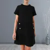 Casual Dresses Elegant Mini Dress Women Loose Fit Vintage A-Line With Button Decor Back dragkedja Stängning Kvinnors korta ärm