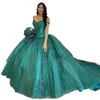 Elegant jägare quinceanera klänningar älskling halsringning av axel lång glitter prinsessor prom klänning för söta 16 flickor spetsar applikationer tillbaka snörning