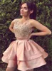 Blush roze tweedelige Homecoming -jurken Een lijn mouwloze Backless Lace Mini Cocktail Party -jurk Prom -jurken Custom1861611