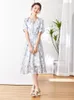 Party Dresses Vimly Blue Print Midi Beach Dress For Women 2024 Fashion Holiday French Elastic Waist Short Sleeve Flowy Elegant Summer