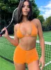 Damen Badebekleidung 2024 Orange High Taille Bikini Set Handtellung Stoff Kleidung Badeanzug Sommer Beach Urlaub Outfits Tankini Badeanzug