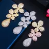 Boucles d'oreilles en peluche cwwzircons élégant 3 tons longs gouttes de feuille pour les femmes bricales de zircone cubique micro pave déclaration de mariée bijoux E0557