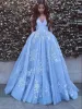 Jurken Mooie Baby Blue Prom -jurken met kanten appliques van de schoudervloer lengte elegante formele feestjurken PD1123