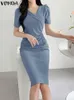 VONDA Summer Dress 2024 Elegant Women Sexy Short Sleeve Solid Color Midi Sundress Bohemian Casual Vestido Robe Femme 240325